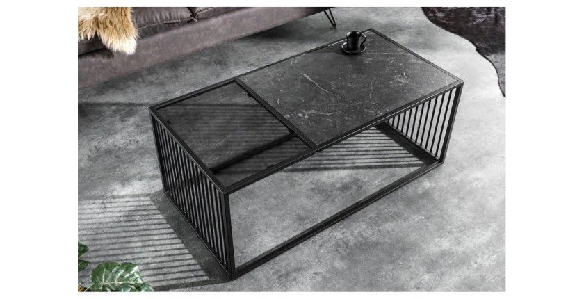 Table basse rectangulaire noir avec plateau partiellement en verre trempé ABITTA vue de haut