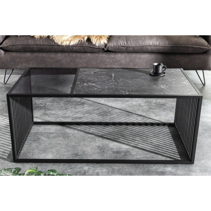 Table basse rectangulaire noir avec plateau partiellement en verre trempé ABITTA vue de face