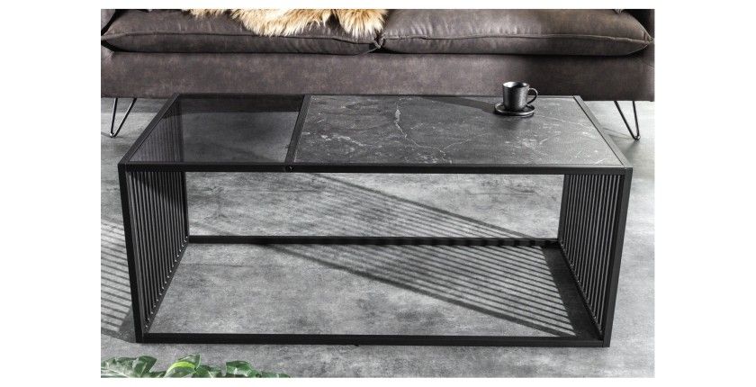 Table basse rectangulaire noir avec plateau partiellement en verre trempé ABITTA vue de face