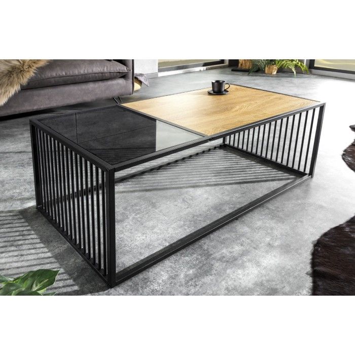 Table basse rectangulaire bois et verre trempé ABITTA mise en situation