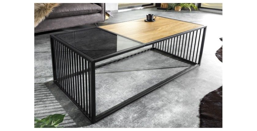Table basse rectangulaire bois et verre trempé ABITTA mise en situation