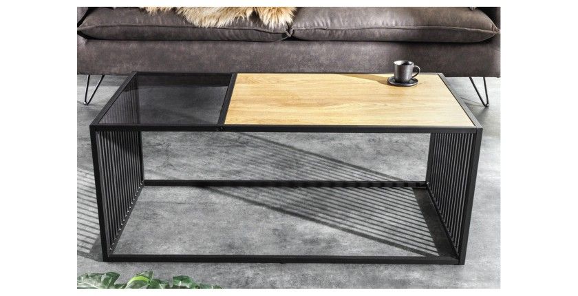 Table basse rectangulaire bois et verre trempé ABITTA vue de face