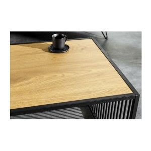 Zoom sur le plateau en bois de la table basse rectangulaire bois et verre trempé ABITTA