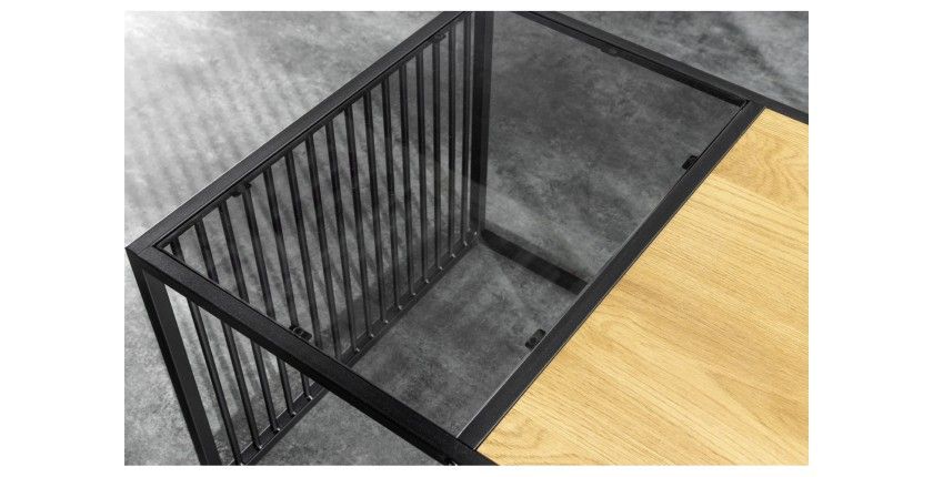 Zoom sur le plateau en verre trempé de la table basse rectangulaire bois et verre trempé ABITTA