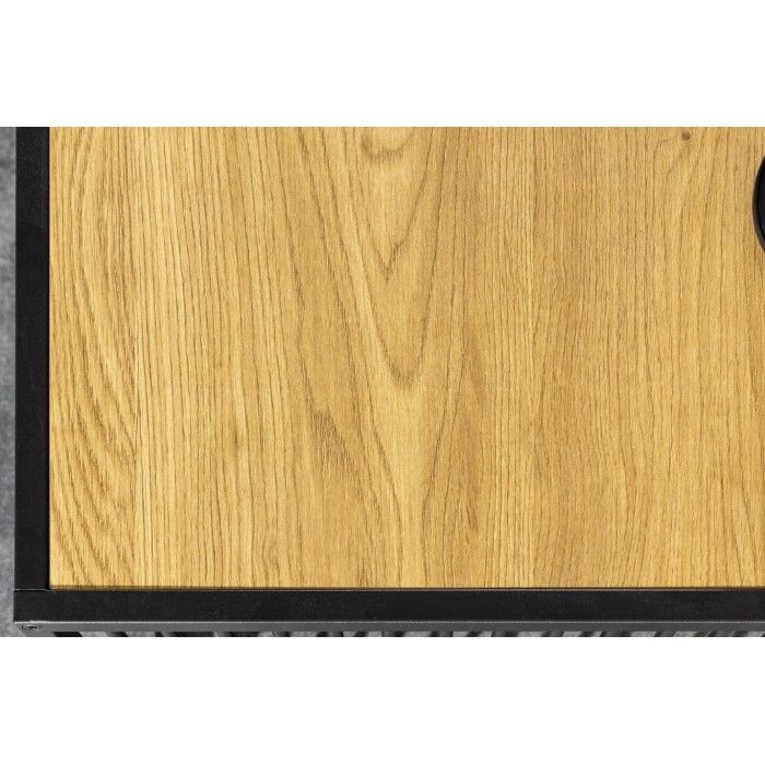 Zoom sur la texture de la partie bois du plateau de la table basse rectangulaire bois et verre trempé ABITTA