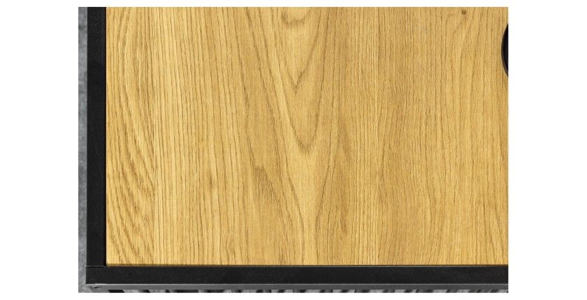 Zoom sur la texture de la partie bois du plateau de la table basse rectangulaire bois et verre trempé ABITTA