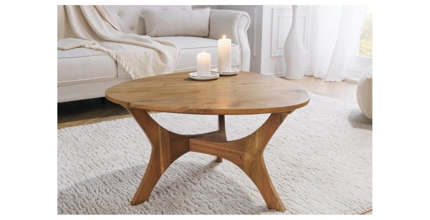 Table basse ronde ABITTA en bois d'acacia vue de face