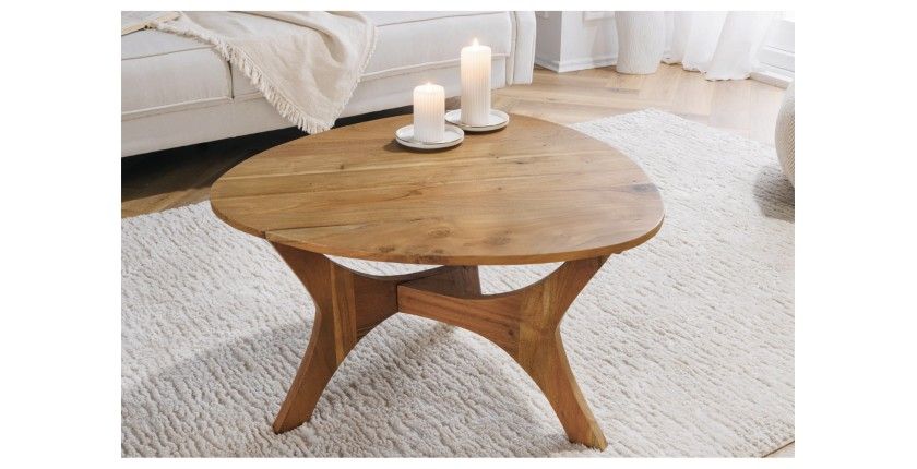 Table basse ronde ABITTA en bois d'acacia vue légèrement de haut
