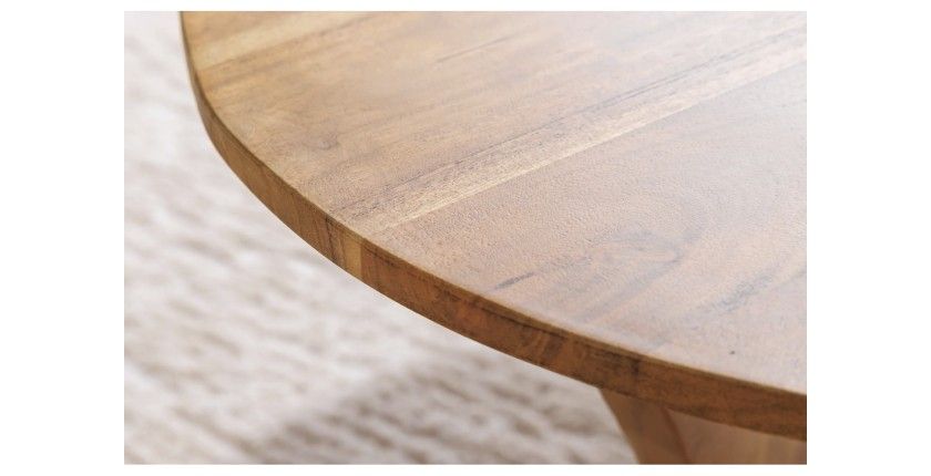 Zoom sur la tranche de la table basse ronde ABITTA en bois d'acacia
