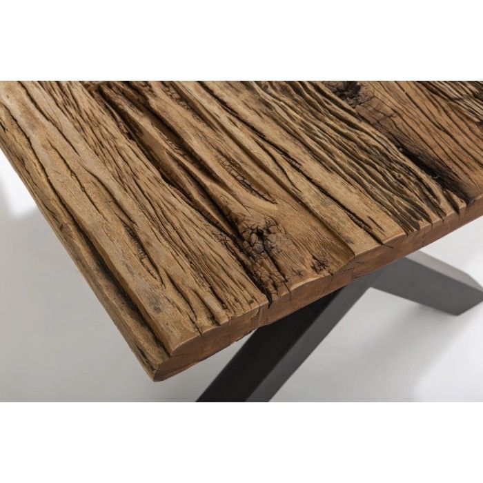 Eettafel RAFTA 220 cm - Massief teakhouten blad - Zwarte metalen X-poten