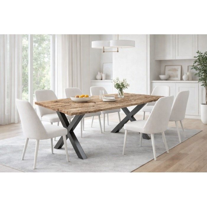 Eettafel RAFTA 220 cm - Massief teakhouten blad - Zwarte metalen X-poten