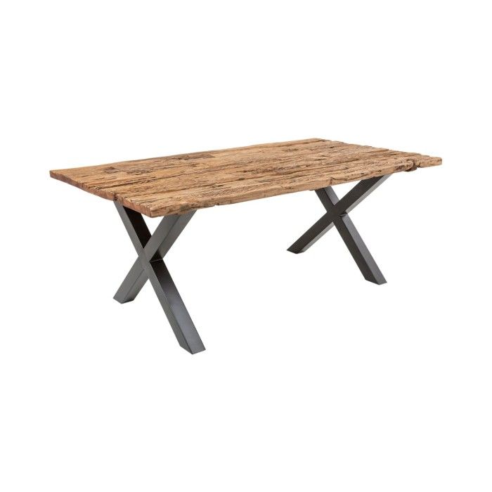 Eettafel RAFTA 220 cm - Massief teakhouten blad - Zwarte metalen X-poten