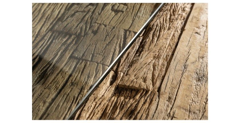 Zoom sur les textures des deux plateaux de la table RAFTA 220cm avec sur-plateau en verre