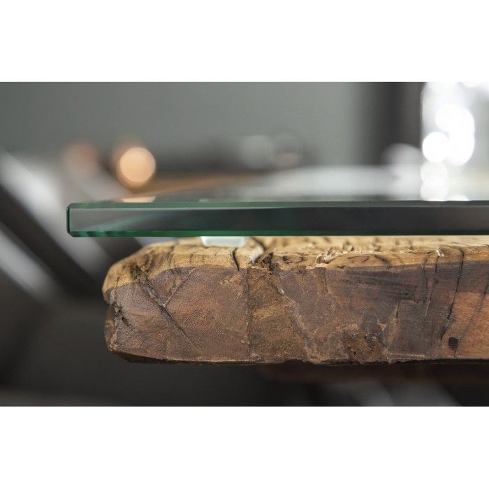 Eettafel RAFTA 220 cm – Blad van massief teakhout en gehard glas – X-vormige poten in zwart metaal