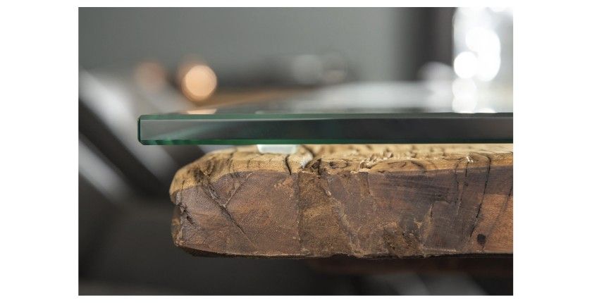 Zoom sur la tranche de la table RAFTA 220cm avec sur-plateau en verre