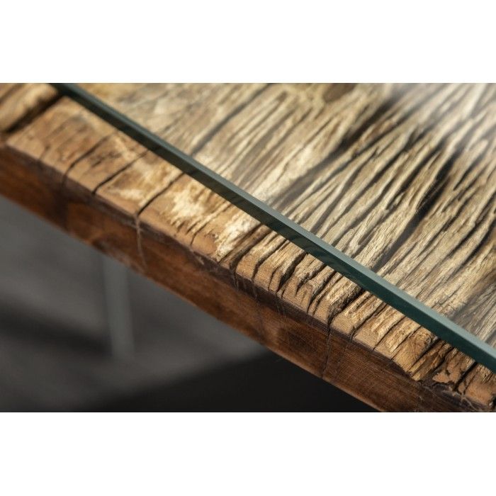 Eettafel RAFTA 220 cm – Blad van massief teakhout en gehard glas – X-vormige poten in zwart metaal