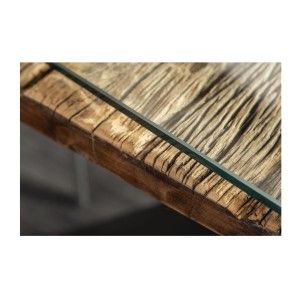 Zoom sur le plateau en bois et le sur-plateau en verre de la table RAFTA 220cm avec sur-plateau en verre