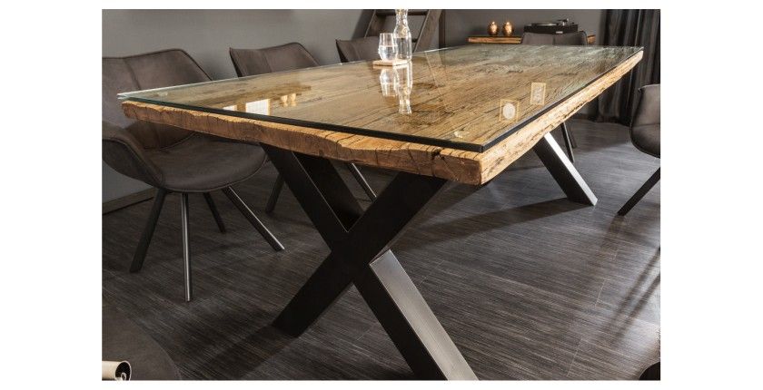 Table RAFTA 220cm avec sur-plateau en verre vue de côté