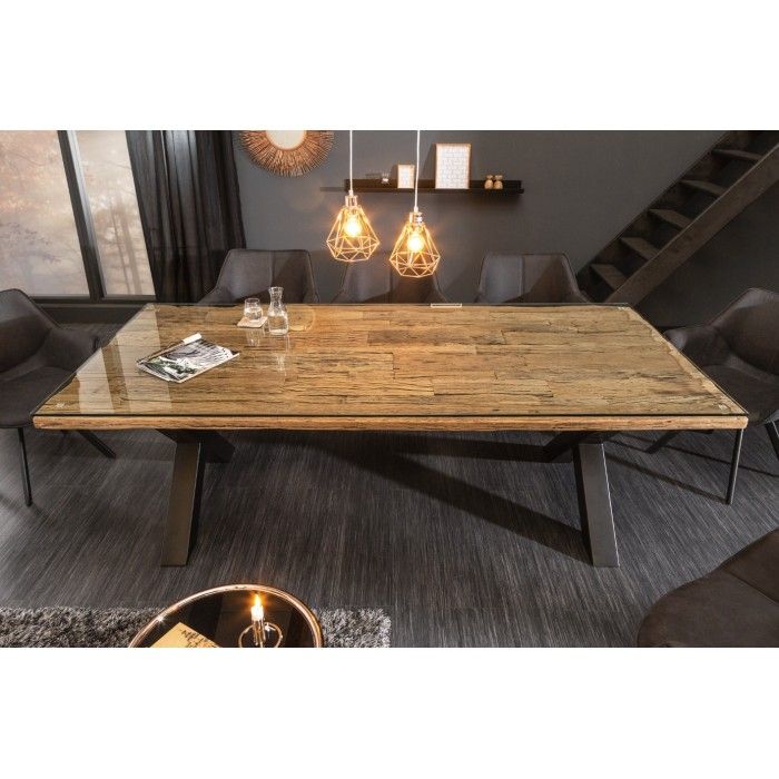 Eettafel RAFTA 220 cm – Blad van massief teakhout en gehard glas – X-vormige poten in zwart metaal