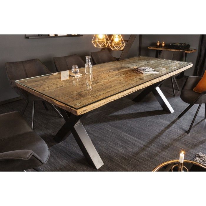Eettafel RAFTA 220 cm – Blad van massief teakhout en gehard glas – X-vormige poten in zwart metaal