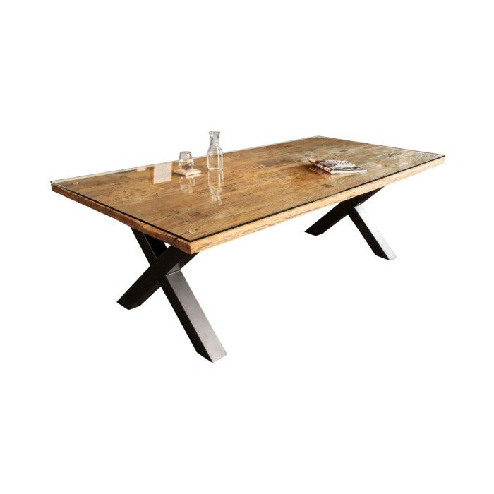 Eettafel RAFTA 220 cm – Blad van massief teakhout en gehard glas – X-vormige poten in zwart metaal