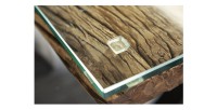 Zoom sur le coin de la table RAFTA 220cm avec sur-plateau en verre