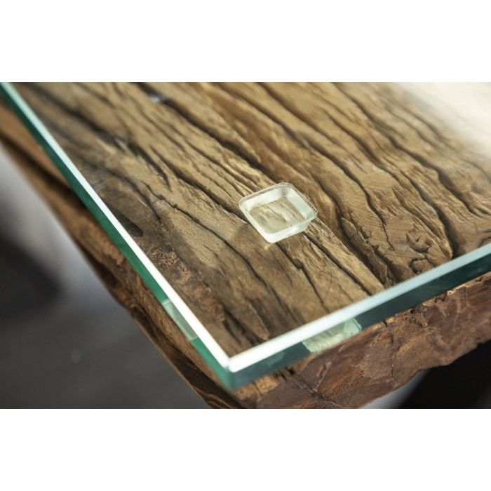 Eettafel RAFTA 220 cm – Blad van massief teakhout en gehard glas – X-vormige poten in zwart metaal