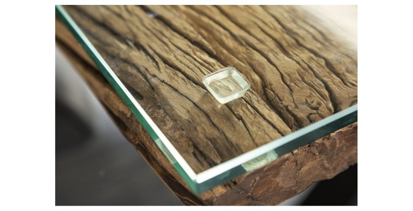 Zoom sur le coin de la table RAFTA 220cm avec sur-plateau en verre
