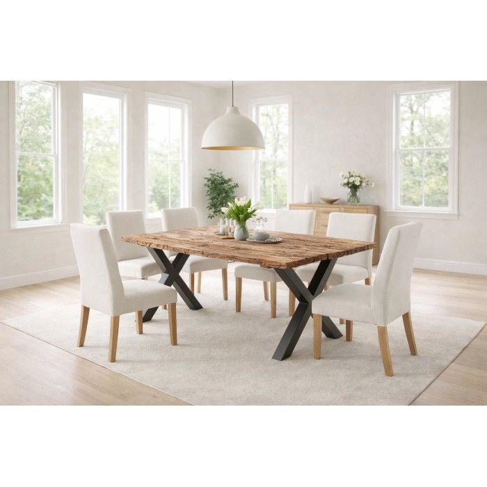 Eettafel RAFTA 180 cm – Blad van massief teakhout – X-poten van zwart metaal
