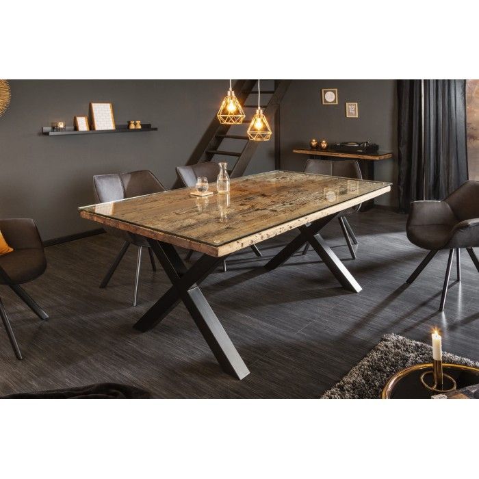 Eettafel RAFTA 180 cm – Blad van massief teakhout en gehard glas – X-vormige poten in zwart metaal