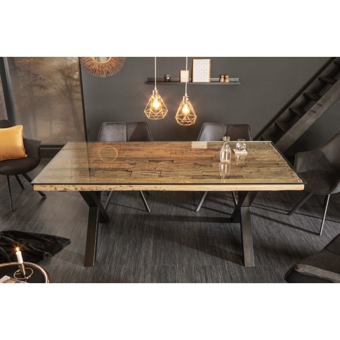Eettafel RAFTA 180 cm – Blad van massief teakhout en gehard glas – X-vormige poten in zwart metaal