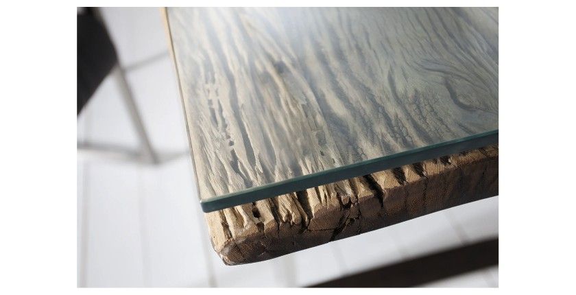 Zoom sur le coin de la table RAFTA 180cm avec plateau en verre