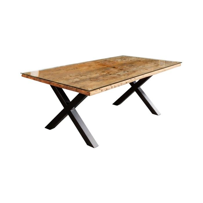 Eettafel RAFTA 180 cm – Blad van massief teakhout en gehard glas – X-vormige poten in zwart metaal