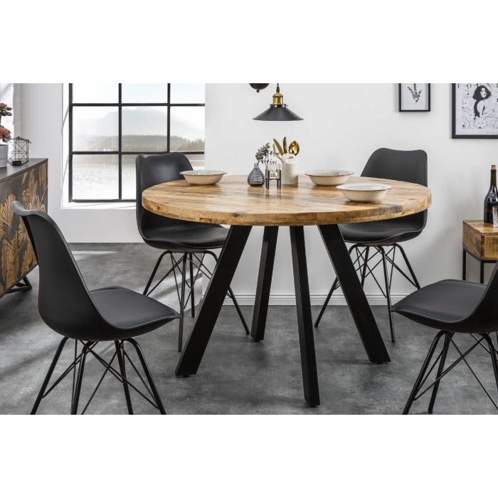 Eettafel LODEN 120 cm – Rond blad van massief mangohout en structuur van zwart metaal