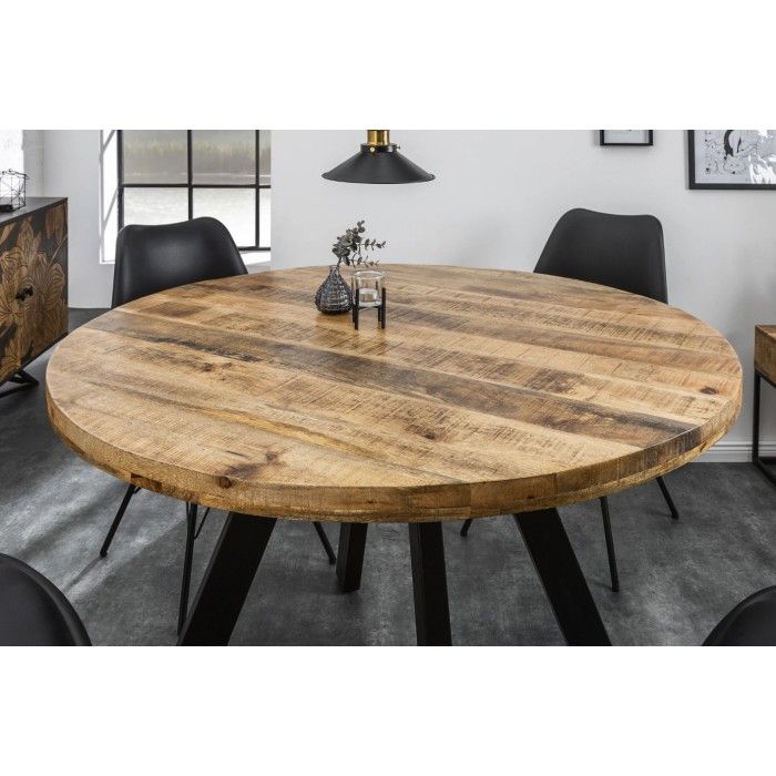Eettafel LODEN 120 cm – Rond blad van massief mangohout en structuur van zwart metaal