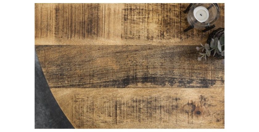 Zoom sur le plateau de la table LODEN ronde 120cm en bois de manguier clair