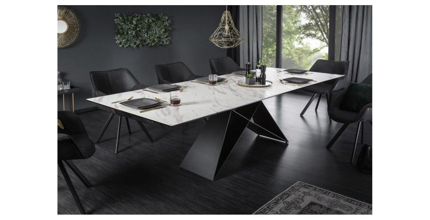 Table de salle à manger ATARA 180–260 cm – Plateau en céramique effet marbre blanc et métal noir
