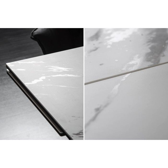 Zoom sur les détails du plateau de la table ATARA 180cm extensible jusqu'à 260cm blanche