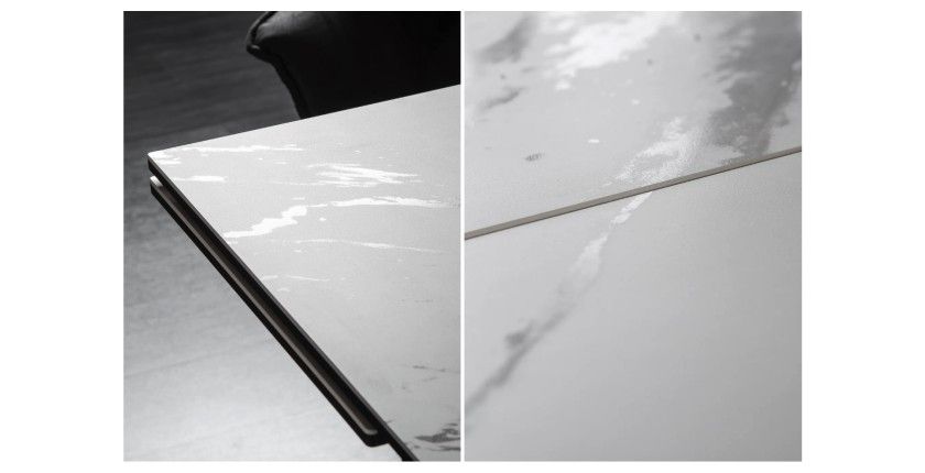 Table de salle à manger ATARA 180–260 cm – Plateau en céramique effet marbre blanc et métal noir