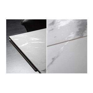 Table de salle à manger ATARA 180–260 cm – Plateau en céramique effet marbre blanc et métal noir