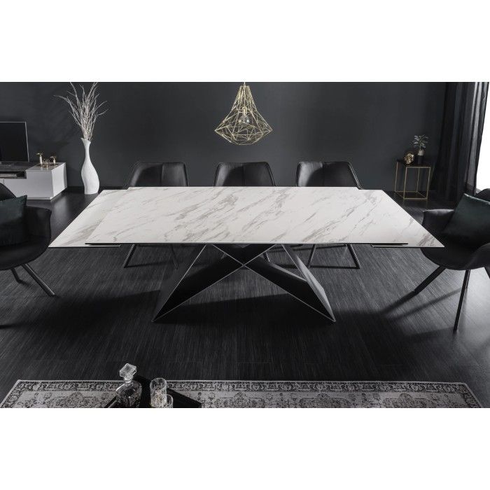Zoom sur le système d'extension presque refermé de la table ATARA 180cm extensible jusqu'à 260cm blanche