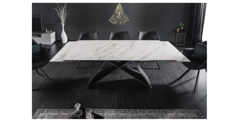 Zoom sur le système d'extension presque refermé de la table ATARA 180cm extensible jusqu'à 260cm blanche
