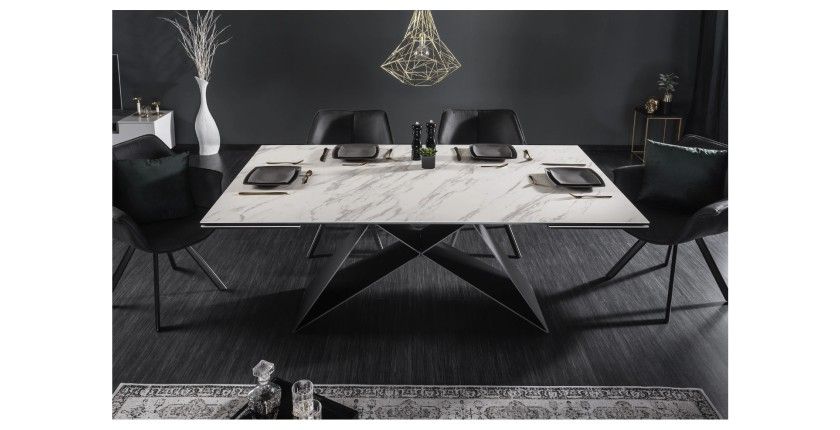 Table de salle à manger ATARA 180–260 cm – Plateau en céramique effet marbre blanc et métal noir
