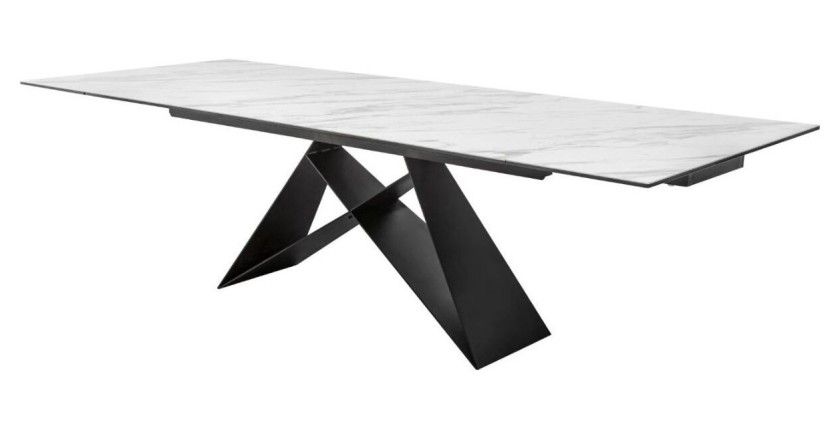 Table de salle à manger ATARA 180–260 cm – Plateau en céramique effet marbre blanc et métal noir