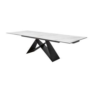 Table de salle à manger ATARA 180–260 cm – Plateau en céramique effet marbre blanc et métal noir