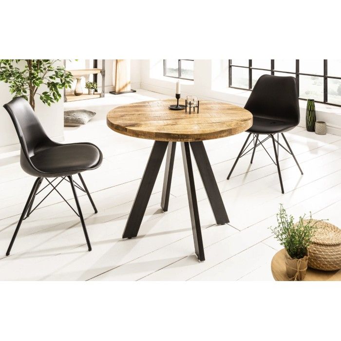 Eettafel LODEN 80 cm - Rond blad van massief mangohout en zwarte metalen structuur