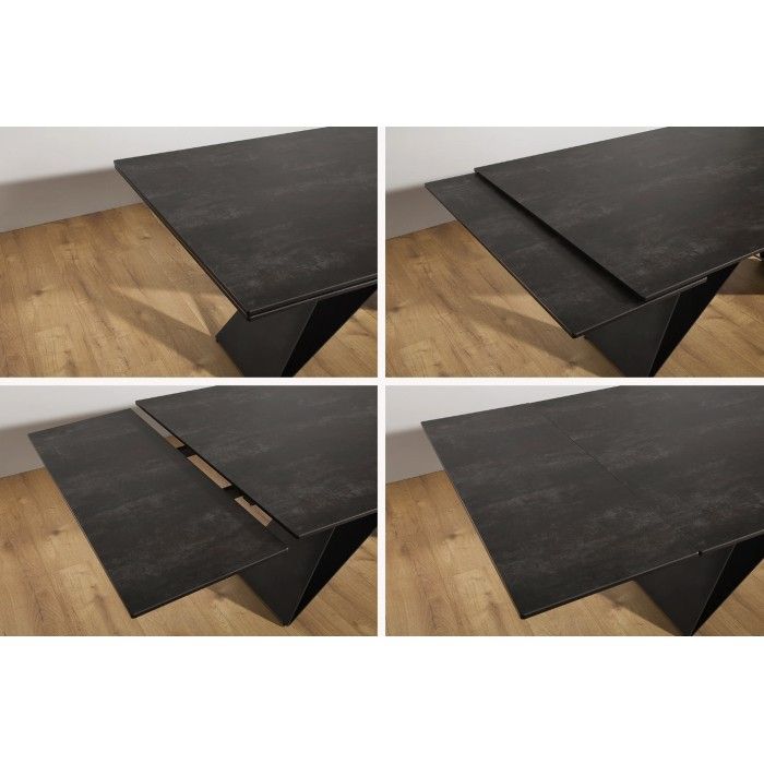 Esstisch ATARA 180–260 cm – Tischplatte aus grauer Taupe-Keramik und Gestell aus schwarzem Metall
