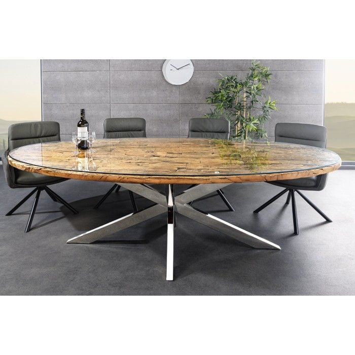 Table RAFTA 220cm avec plateau en teck et sur-plateau en verre vue de face