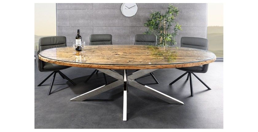 Table RAFTA 220cm avec plateau en teck et sur-plateau en verre vue de face