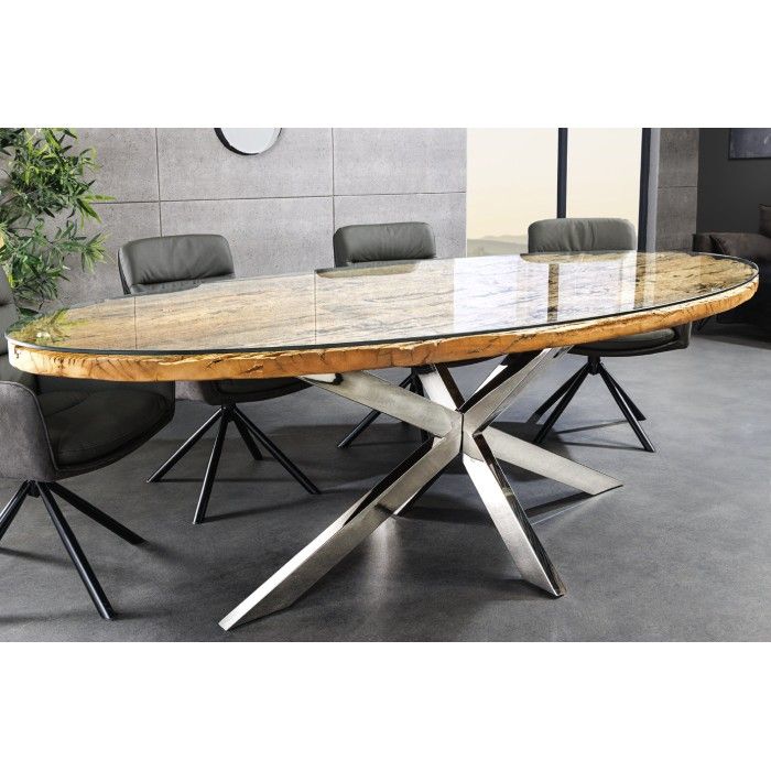 Table RAFTA 220cm avec plateau en teck et sur-plateau en verre mise en situation